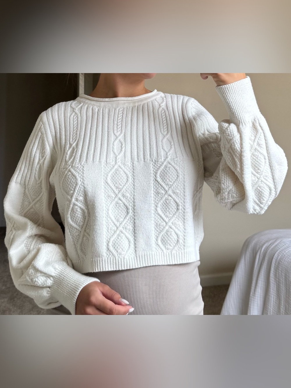 Altar'd State White Cable Knit Crewneck Sweater